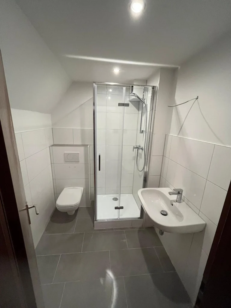 Modernisiertes Bad mit Duschkabine, Hänge-WC und grauen Bodenfliesen
